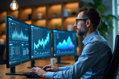 Analyste de données homme au bureau moderne et écran numérique