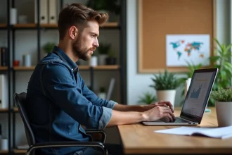 Jeune homme analysant des statistiques sur un ordinateur dans un bureau