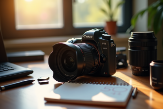 Appareil photo DSLR sur un bureau moderne avec accessoires