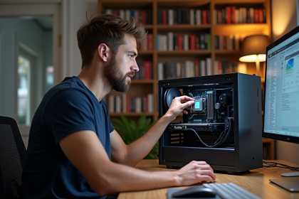 Jeune homme assemble un PC dans un bureau moderne
