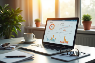 Bureau lumineux avec ordinateur et outils SEO modernes