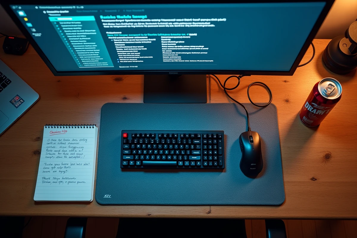 Vue aérienne d'un bureau gaming avec écran affichant une configuration BakkesMod et notes de dépannage manuscrites