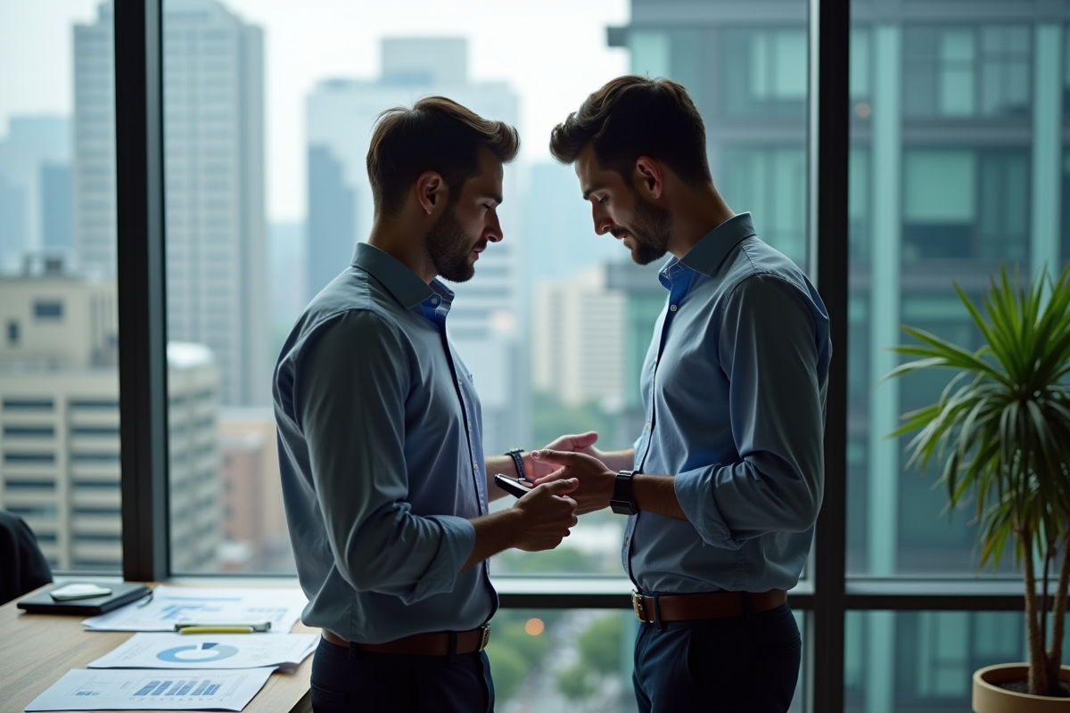 Deux collègues discutant de statistiques sur une tablette en ville