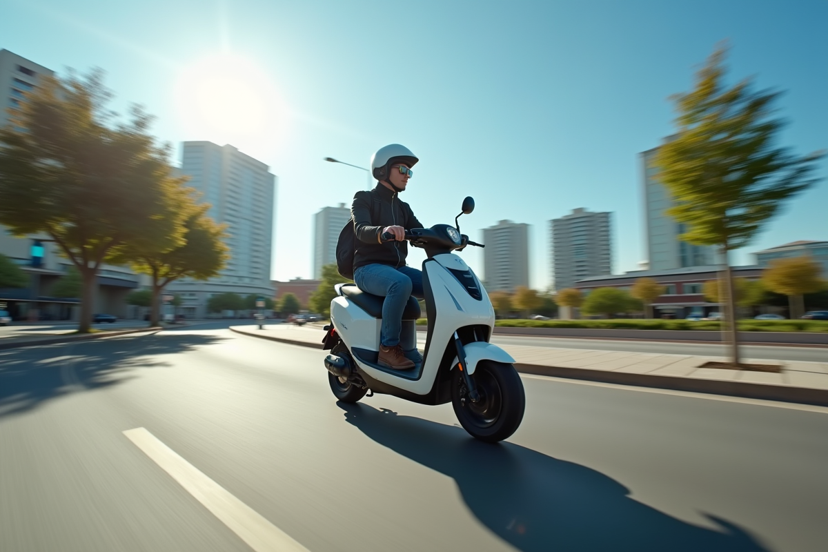 Cycliste urbain roulant en scooter électrique en ville ensoleillée