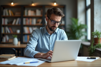 Jeune homme en code sur son ordinateur dans un espace moderne
