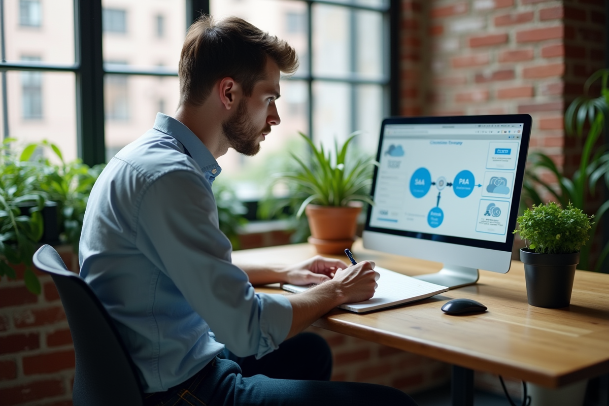 Jeune homme en coworking concentré sur son ordinateur portable