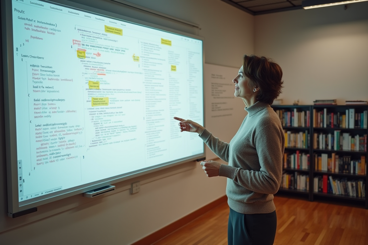 Femme en formation expliquant des pseudocodes sur un tableau blanc