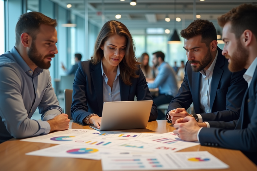 Groupe de professionnels en réunion dans un bureau moderne