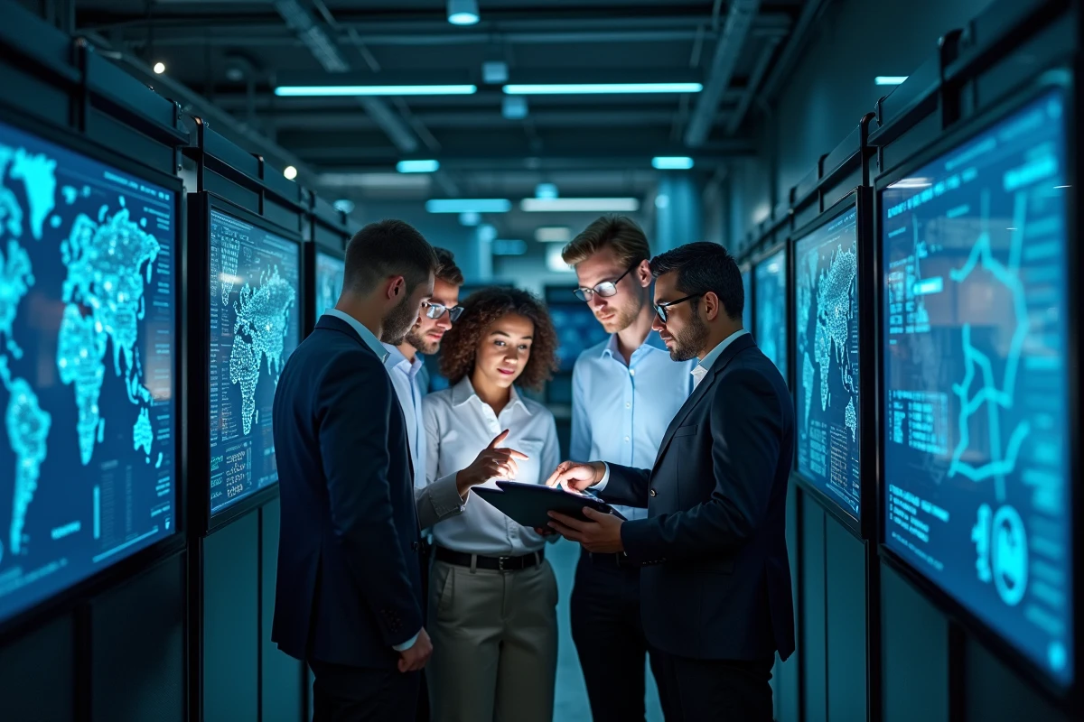 Groupe de professionnels IT dans une salle de contrôle