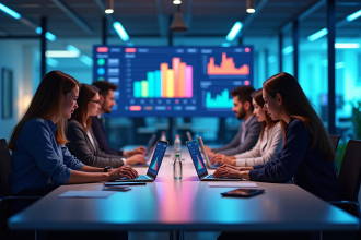 Equipe marketing moderne collaborant autour d'une table avec données