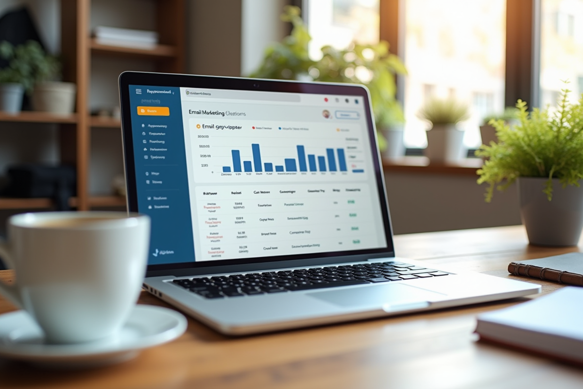 Espace de travail moderne avec dashboard email marketing