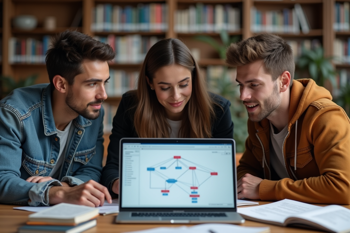 Groupe d etudiants discutant d un diagramme de base de donnees
