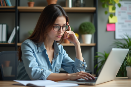 Jeune femme professionnelle analysant des données SEO sur un ordinateur