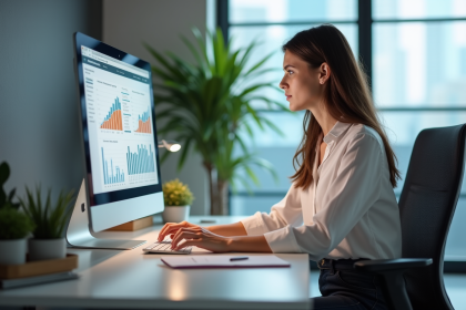 Jeune femme analysant des données SEO dans un bureau moderne