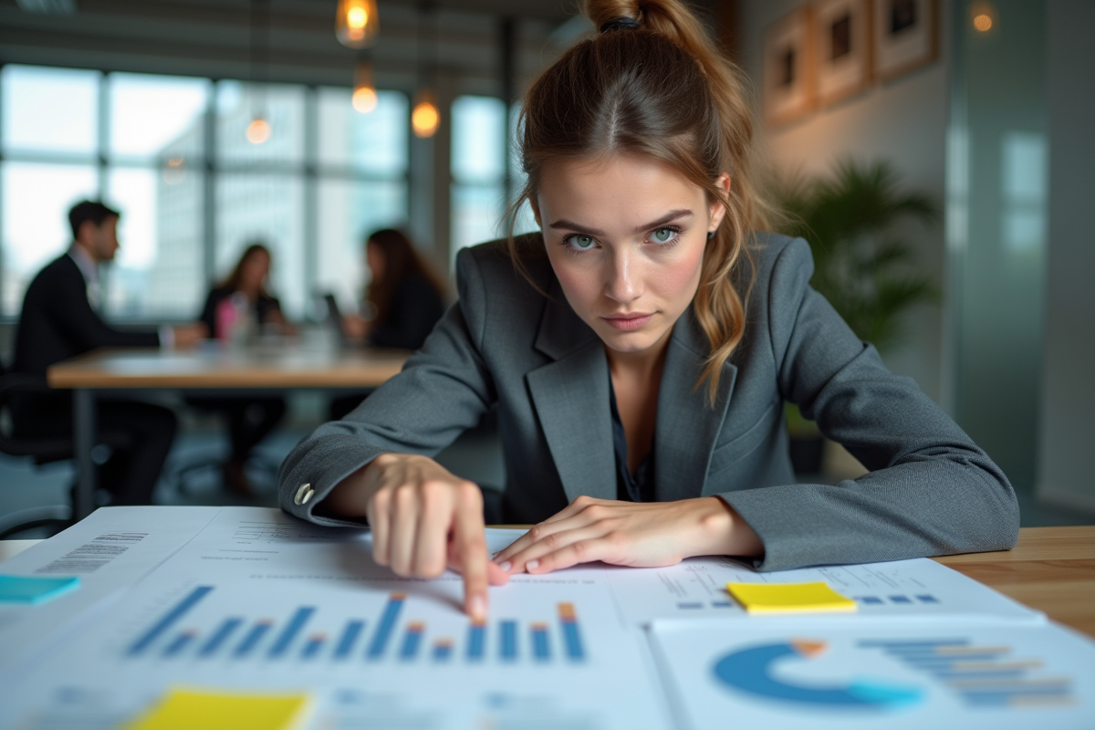 Jeune femme analysant des notes et graphiques dans un espace de travail moderne