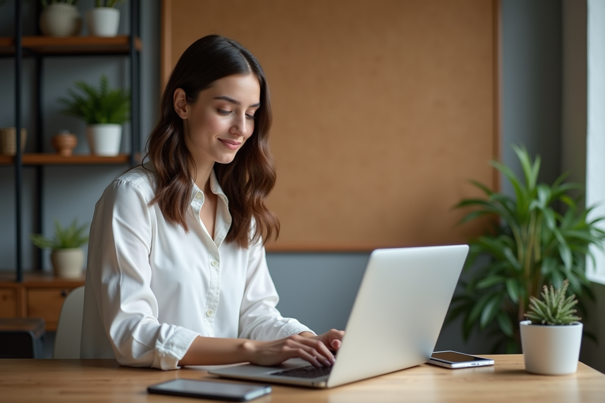 Jeune femme au bureau à domicile travaillant sur son ordinateur