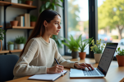 Femme au bureau lisant un flux RSS sur son ordinateur