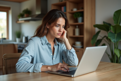 Femme assise à une table de cuisine avec ordinateur et publicités