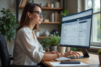 Femme en bureau à domicile ajustant des fenêtres sur son ordinateur
