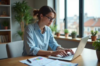 Femme en bureau moderne comparant des graphiques sur papier