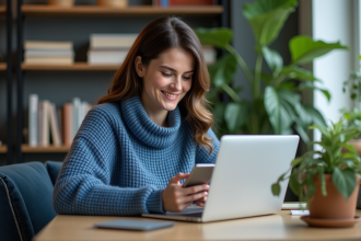 Femme au bureau utilisant son smartphone et ordinateur