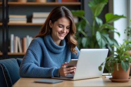 Femme au bureau utilisant son smartphone et ordinateur