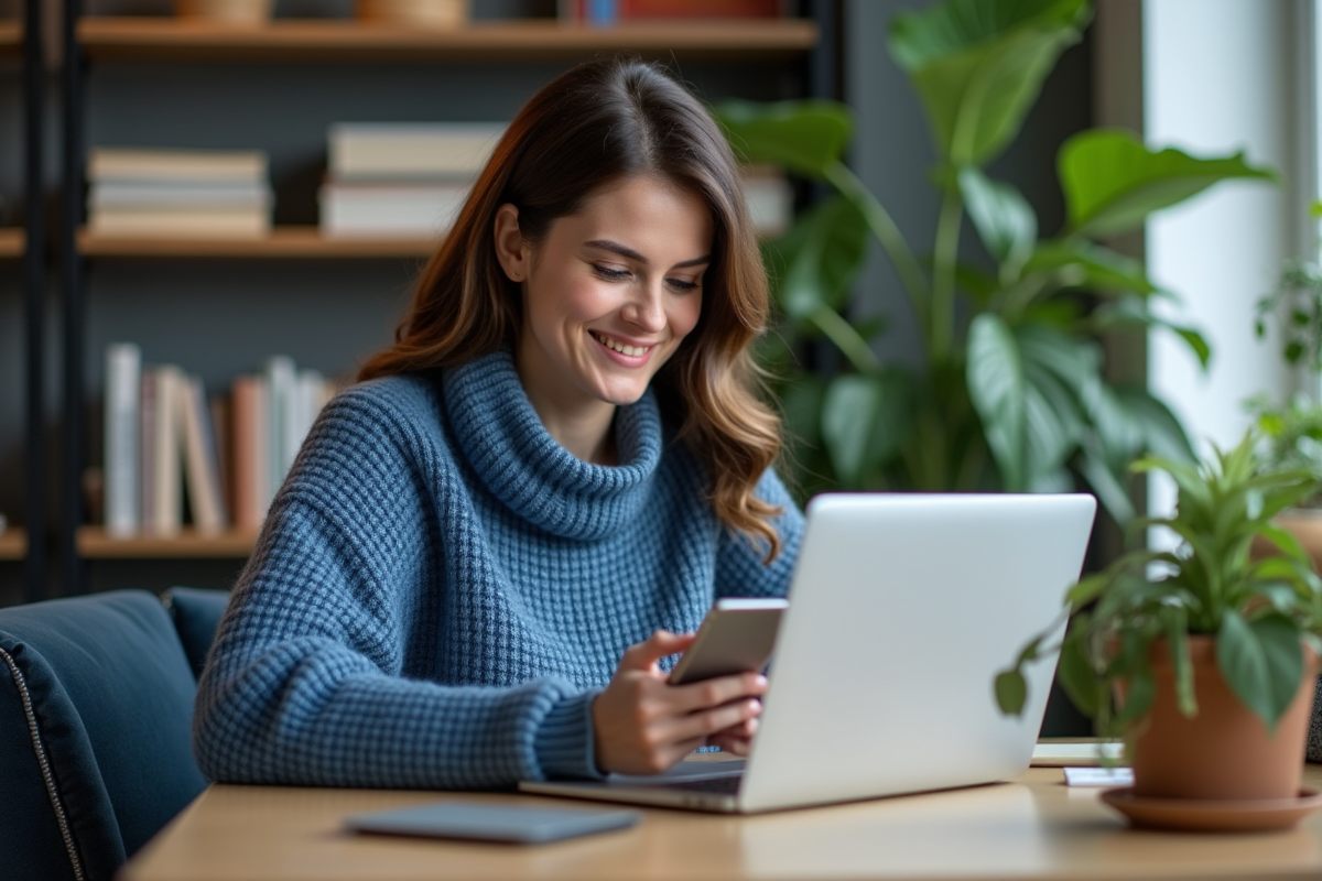 Femme au bureau utilisant son smartphone et ordinateur
