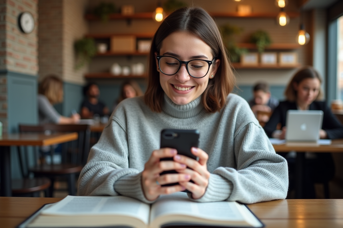Jeune femme au café utilisant son smartphone pour scanner un livre