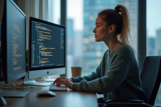 Femme concentrée devant un écran de code et logo Java