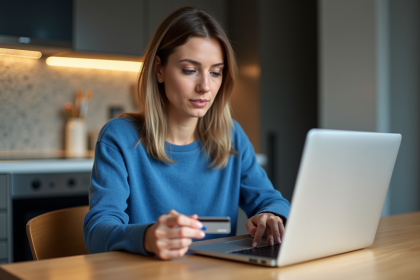 Femme en train de payer avec sa carte dans un appartement moderne