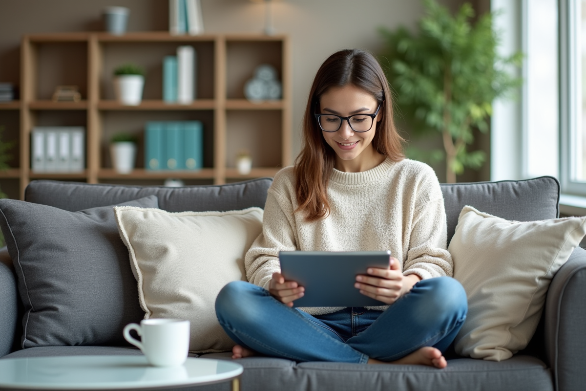 Femme assise sur un canapé utilisant une tablette pour comparer antivirus