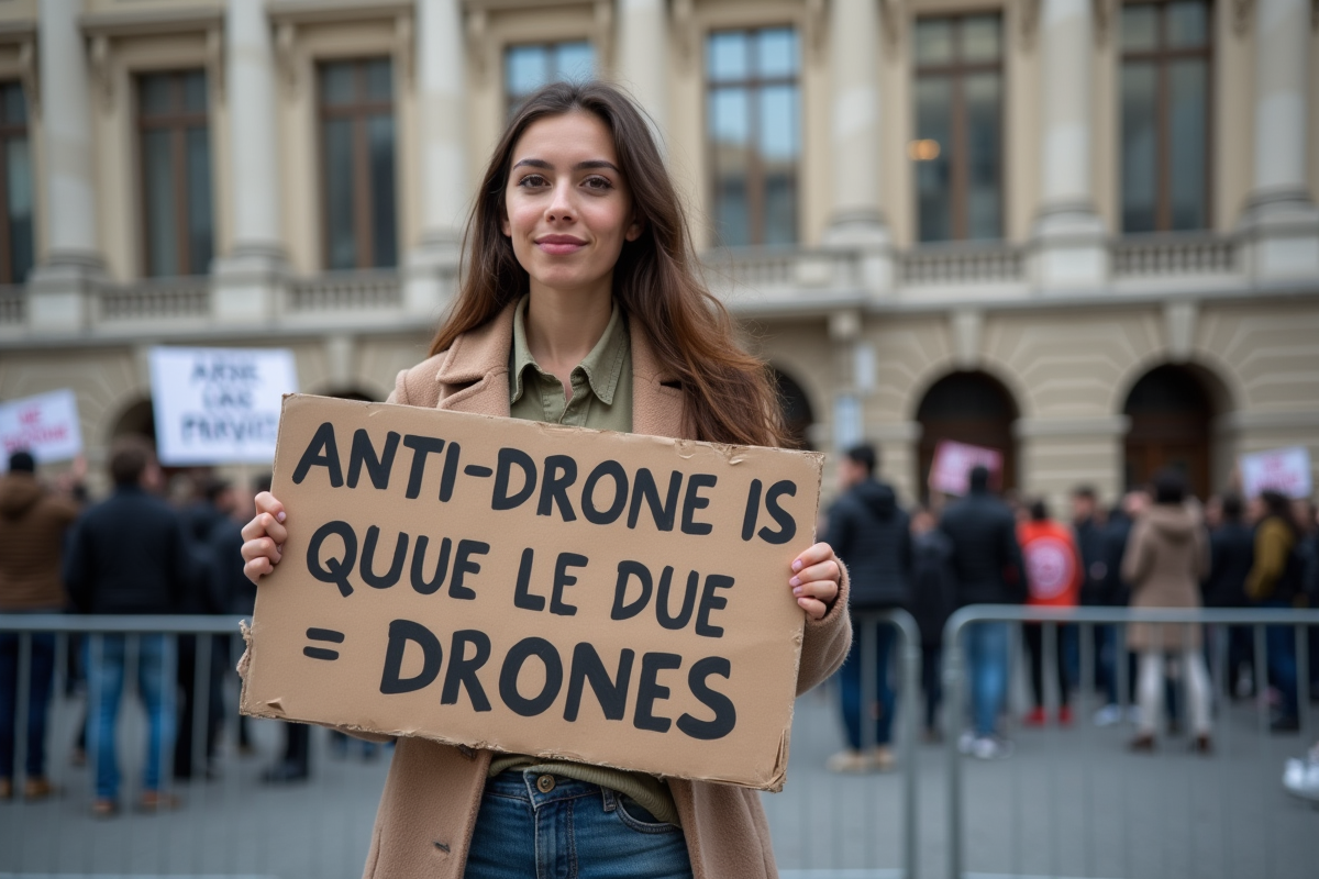 Jeune femme tenant une pancarte anti-drones lors d