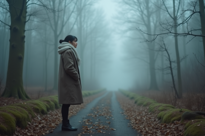 Femme contemplative dans la forêt brumeuse au matin