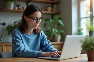 Femme regardant l'écran WiFi sur son ordinateur portable à la maison