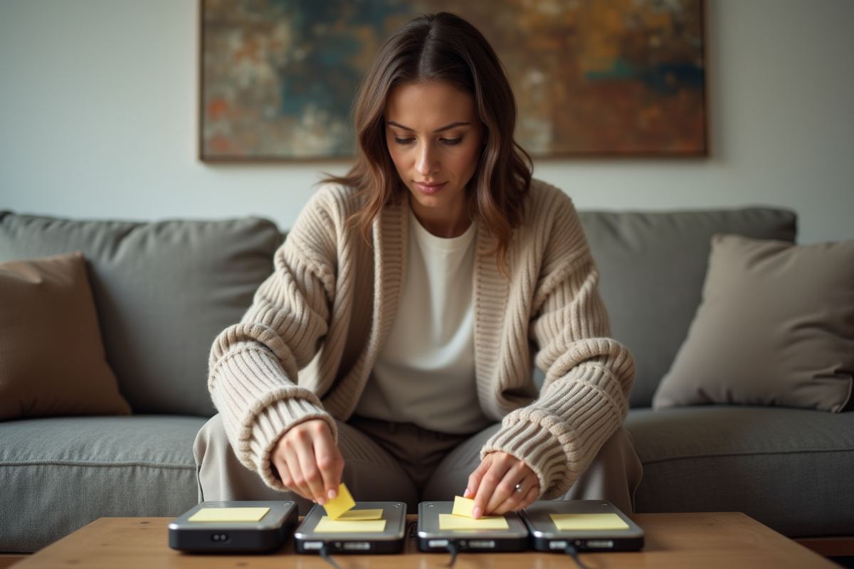 Jeune femme organisant des disques durs dans un salon chaleureux