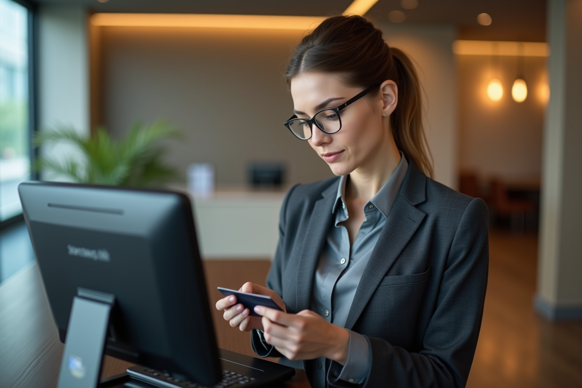 Femme d'affaires utilisant un terminal de paiement en entreprise