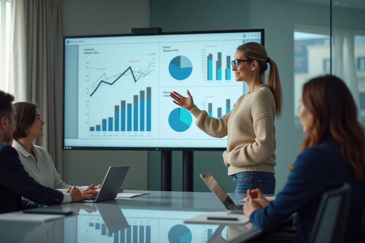 Femme présentant des graphiques de performance en réunion