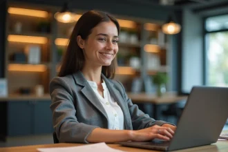 Femme professionnelle travaillant sur un ordinateur dans un bureau moderne