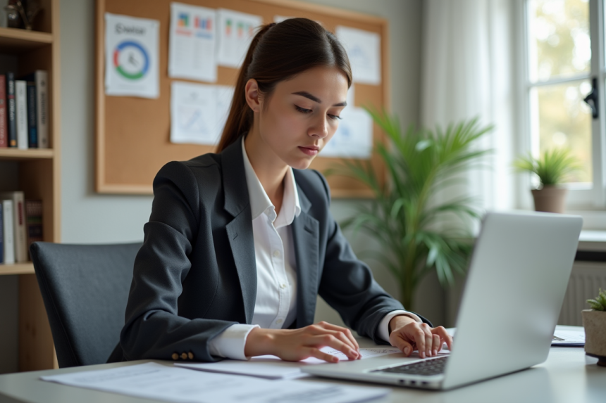 Jeune femme professionnelle travaillant sur son ordinateur dans un bureau lumineux