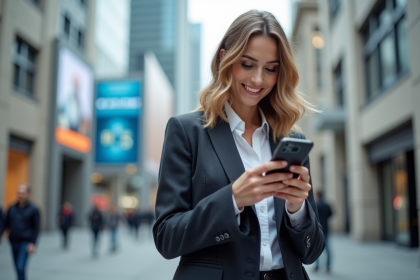 Jeune femme d'affaires souriante avec smartphone 5G en ville