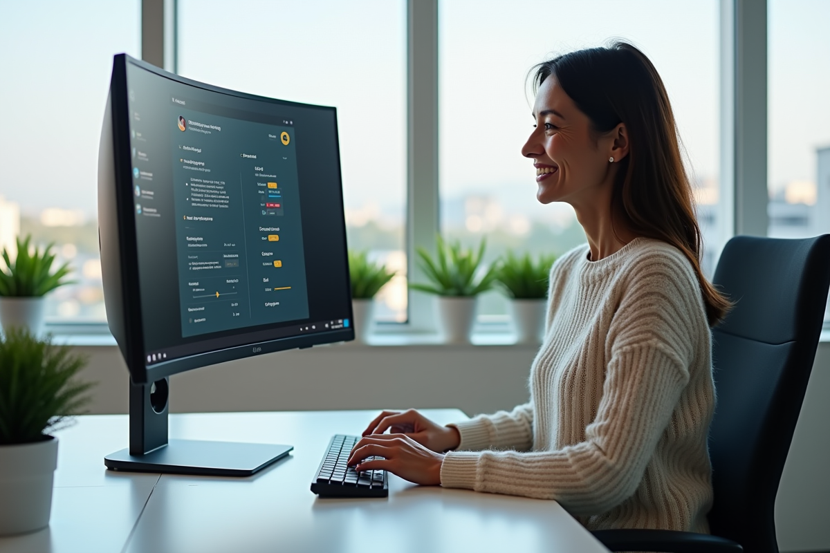 Femme souriante ajustant un moniteur bluelight dans un bureau lumineux