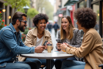 Groupe d'adultes au café en ville lors d'une rencontre