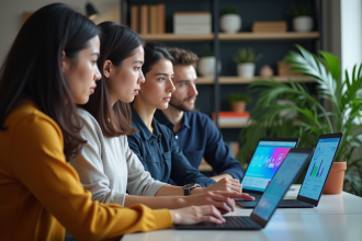 Groupe de quatre personnes travaillant sur des dashboards d'IA