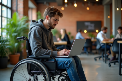 Jeune homme en fauteuil travaillant sur un ordinateur dans un espace coworking
