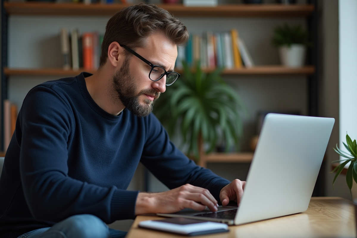 Homme d'âge moyen connectant un disque dur à un ordinateur portable