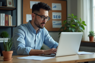Homme concentré travaillant sur un ordinateur dans un bureau organisé