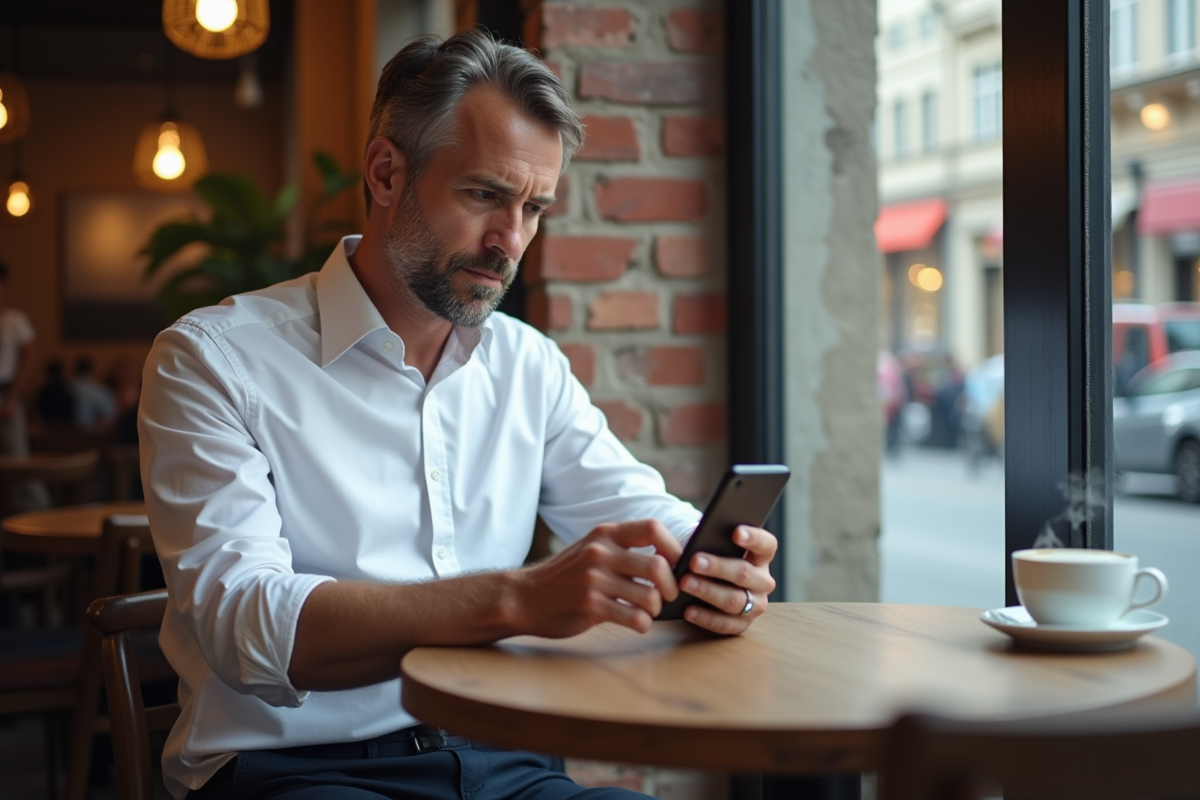 Homme au café vérifiant son smartphone dans un cadre urbain