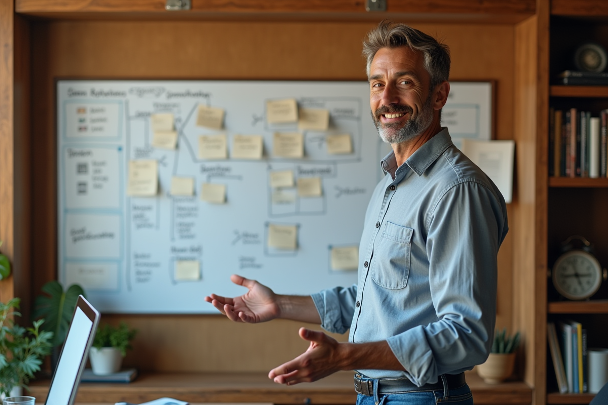 Homme expliquant la structure d un site web dans un bureau cosy