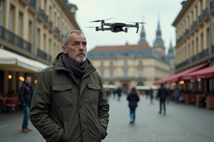 Homme d'âge moyen regardant un drone dans une place historique