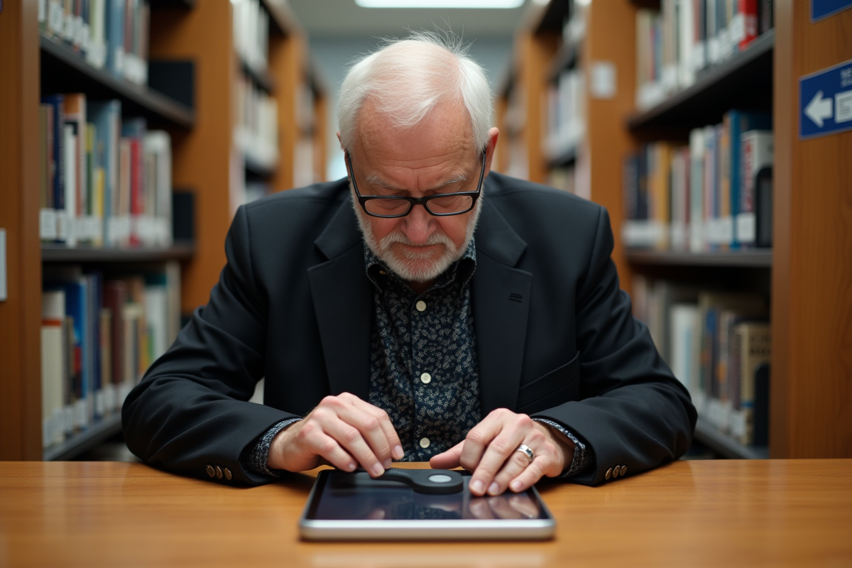 Homme âgé utilisant une tablette en bibliothèque accessible
